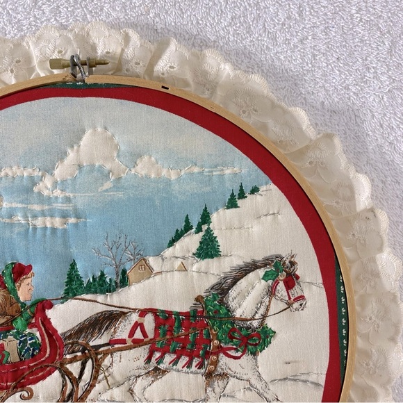 Vintage Handmade Winter Festive Embroidered Holiday Wall Art with Lace Trim - Picture 3 of 8